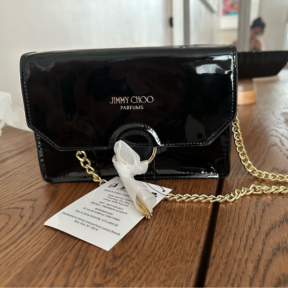 Jimmy Choo Glossy Black Clutch with Gold Chain